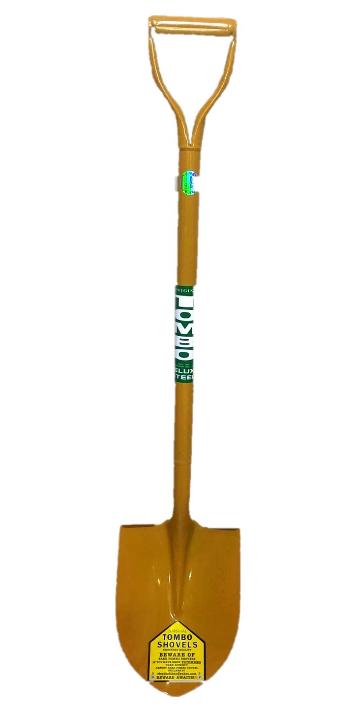 Tombo Round Point Deluxe Steel shovel with gold finish and D-grip handle